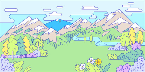 Landscape terrain view, river outdoor high mountain and national forest park woodland, hide peaceful location cartoon line vector illustration.