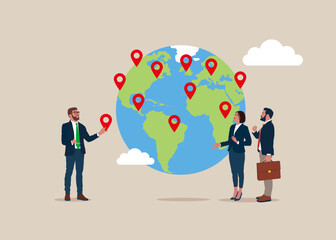 Business team put new branch pin on world map across globe. Global business expansion, open company branches, franchise in new location to cover all continent. Flat vector illustration