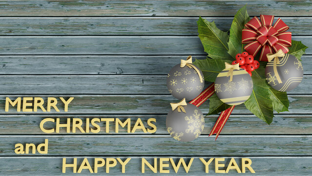 Illustrazione 3D. Natale, decorazione. Buon Natale e felice anno nuovo. Palle di Natale, Agrifoglio, fiocco, Albero di Natrale. Ricorrenza annuale per auguri e celebrazione.
