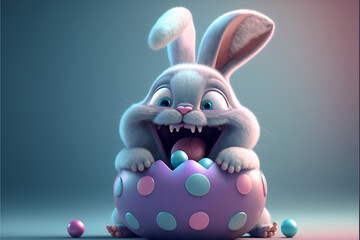 Excited cute Easter bunny eating an Easter egg created with generative artificial intelligence, generative ai