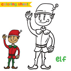 Christmas coloring page. Cute and funny cartoon characters. Coloring book for preschool children. Vector illustration. Colouring the elf Christmas theme