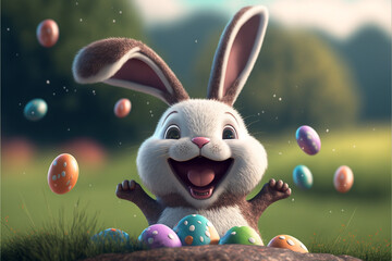 Running happy Easter bunny with eggs flying everywhere created by generative artificial intelligence, generative ai