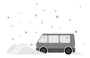 A minibus stuck in a snowdrift. Winter driving. Clearing snow-covered equipment.