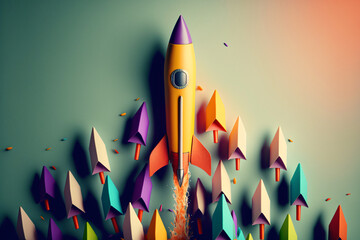 rocket paper fly over colorful background lead rocket stand out of other paper rocket follower illustration of leadership success business concept,generative ai