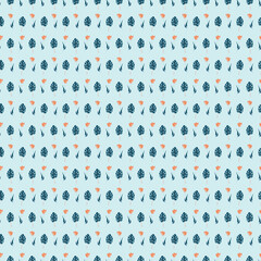 small tulip and leaves print blue background seamless repeat pattern