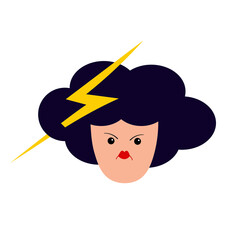 Portrait of woman. Cloud lightning thunder hairstyle. Young girl face. Angry lady, female. Black hair. Brunette. Depressed person. Cute cartoon character. Flat design. White background.