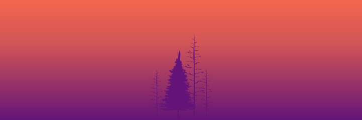tree silhouette in fog sunset landscape vector illustration good for web banner, ads banner, tourism banner, wallpaper, background template, and adventure design backdrop