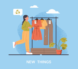 Clothes recycling infographic. Young girl looking for new ecological things. Poster or banner for website. Wardrobe, fashion and style. Clothing with recycling badge. Cartoon flat vector illustration