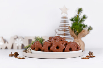 Traditional German glazed gingerbread Christmas cookies called 'Lebkuchen' in various shapes