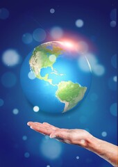 Human hold a hologram of earth globe