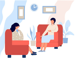 Female psychotherapist has an Individual session with her patient. Woman excitedly tells something to her counselor. Female doctor helps solving psychological problems, mental health treatment. Vector