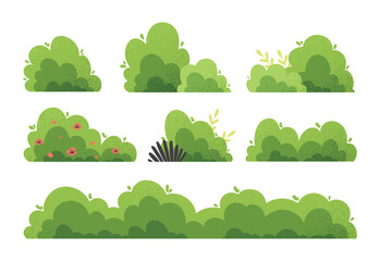 Fototapeta premium Different bushes set. Collection of graphic elements for website. Botany and floristry, garden and park decoration. Spring and summer. Cartoon flat vector illustrations isolated on white background