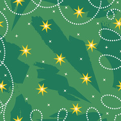 Christmas seamless pattern with gold star and garland on green background. Winter Holiday vector illustration for decoration, wrapping paper, print, fabric or textile