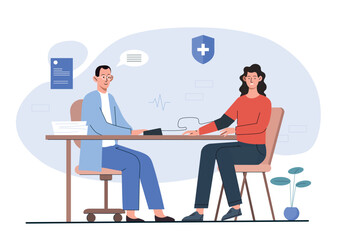 Doctor measures pressure. Patient came to specialist for diagnosis. Young girl at doctor with manometer. Treatment and health care. Medical poster or banner. Cartoon flat vector illustration