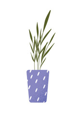 Cute flowerpot icon. Violet vase with white patterns and small tree and bush. Sticker for social metworks. Leaves and branches, love of nature and gardening. Cartoon flat vector illustration