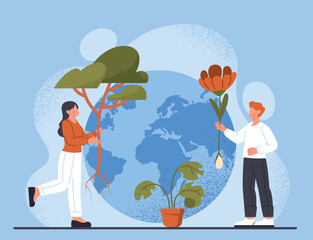 Greening planet concept. Young man and woman with trees and flowers on background of globe. Care for ecology, nature and environment, volunteers and activists. Cartoon flat vector illustration