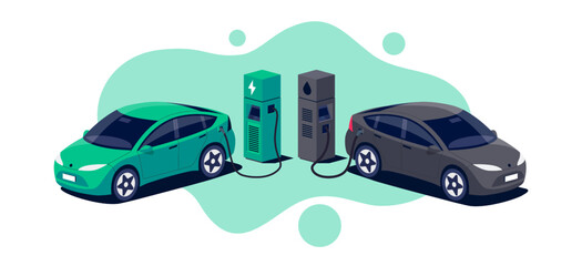 Comparing electric car versus gasoline diesel car suv. Electric vehicle charging at charger stand vs. fossil car refueling petrol gas station. Front isometric view. Isolated on white background.