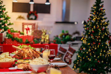 A christmas turkey dinner ready to be eaten on the table.
