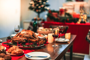 A christmas turkey dinner ready to be eaten on the table.