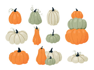 Different pumpkins collection. Set of graphic elements for website. Halloween symbol, scary spring holiday. Culture and traditions. Cartoon flat vector illustrations isolated on white background