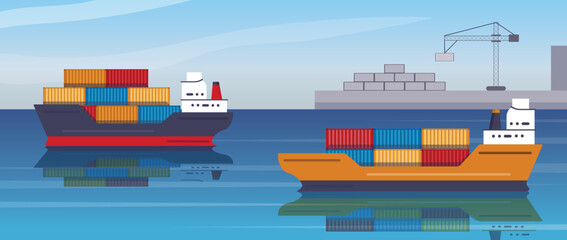 Sea shipping concept. Transportation of goods and multicolored aluminium containers. International trade globalization, logistics. Poster or banner for website. Cartoon flat vector illustration