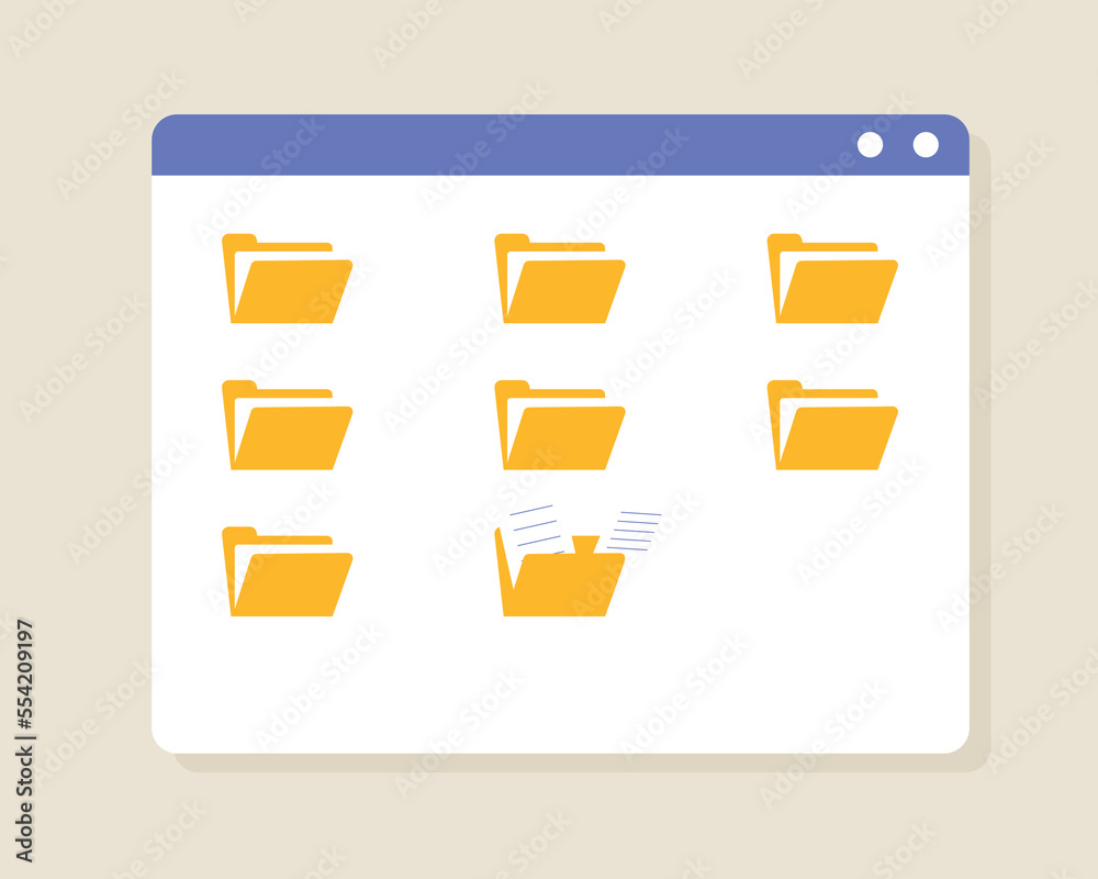 Poster window with folders concept. electronic archive and data storage. interface for programs and applica
