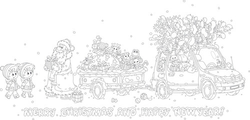 Fototapeta premium Merry Christmas and happy New Year card with Santa Claus giving to little children his holiday gifts from a car trailer full of colorful presents, sweets and toys, vector cartoon