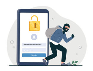 Stealing money concept. Man in mask with bag on background of smartphone. Security of personal data on Internet. Criminal and scammer, hacker hacked gadget and device. Cartoon flat vector illustration - obrazy, fototapety, plakaty