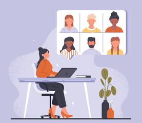 Video conference concept. Modern technologies and digital world. Communication and interaction on Internet, call. Remote employee or freelancer. Poster or banner. Cartoon flat vector illustration