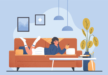 Woman drink coffee on sofa. Young girl with hot drink lies on couch. Comfort and coziness in apartment, rest after work or study. Stay positive, calm and safe. Cartoon flat vector illustration