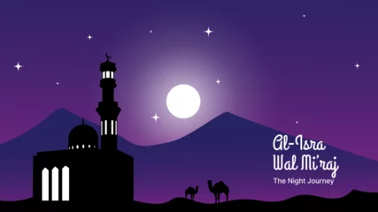 Foto op Canvas isra' mi'raj islamic holiday background with mosque, camel, mountain, moon and stars. islamic vector illustration © aditya