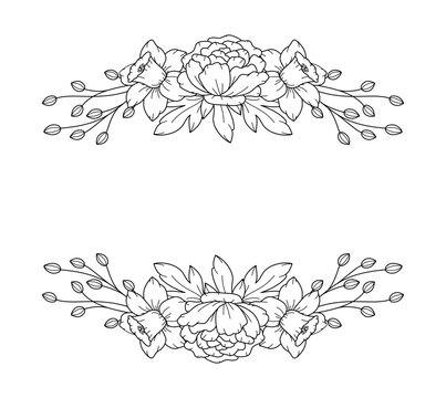 Frame floral border arrangement. Line art peony and daffodils flowers and leaves. Line art style Botanical vector design