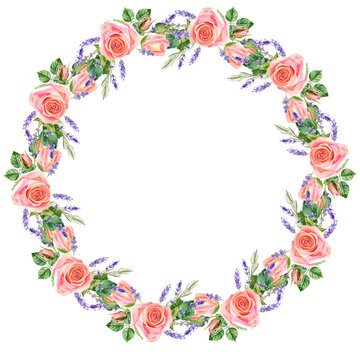Watercolor rose and lavender flowers wreath. Floral collection with flowers and leaves. Hand painted set of spring decorative design elements for banners, cards, wedding invitations