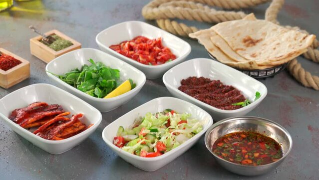 Traditional Turkish meal kebab, Ali nazik, adana kebap, urfa kebap, &ccedil;&ouml;p şiş, patlican kebap, domates kebap, şaşlık, saslik, ciger sis on table top view
