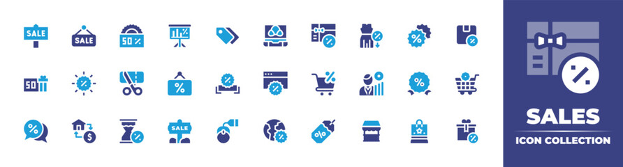 Sales icon collection. Vector illustration. Containing sale, sales marketing, sale tag, summer sale, discount, dress, sales, broker, shopping cart, online sales, world, price tag, store, and more.
