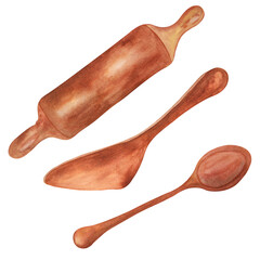 Watercolor work with baker's tools. Raster handmade drawing. Can be used on napkins, postcards, bakery advertising.Stock illustration.