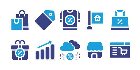 Sales icon set. Vector illustration. Containing shopping bag, tag, tshirt, signaling, bag, gift, profit, cloud computing, store, online shopping