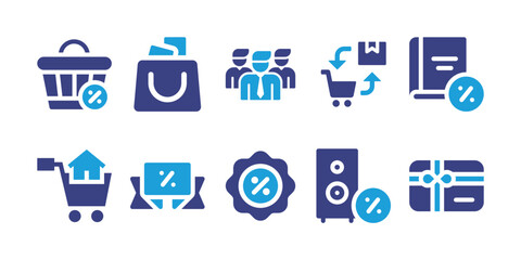 Fototapeta na wymiar Sales icon set. Vector illustration. Containing basket, shopping bag, teamwork, shopping cart, book, sale, discount, speaker, gift card