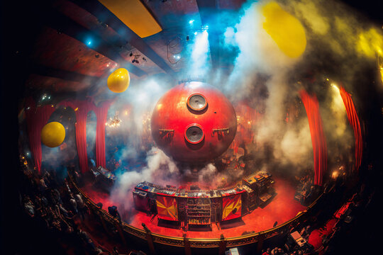 reggae party in a hall with thousands of people and colorful light with smoke, generative ai