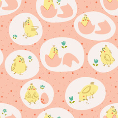 Seamless pattern with cute chickens and eggs. For childish and Easter design. Vector illustration.