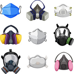 respirator mask set cartoon. face safety, medical protection, equipment dust, work breathing, air respirator mask vector illustration