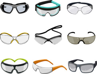 safety glasses set cartoon. protection work, googles industrial, construction equipment, eye safe, worker safety glasses vector illustration