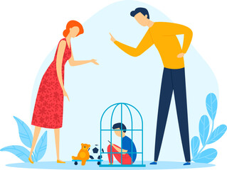 Punishment child concept, parent angry, child discipline, angry family, sad person, design, cartoon style vector illustration.
