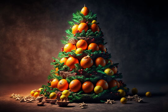 Christmas tree made of tangerines on black background. Merry Christmas and Happy New Year concept