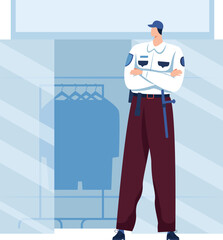 Guard clothing store, risk prevention, prevent scan, magnetic security detector, design, cartoon style vector illustration.