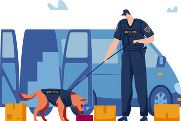 Dog handler together animal, dog leash, outdoor pet, isolated on white, puppy domestic, design, cartoon style vector illustration.