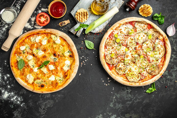 Set Pizza background. various kinds of Italian pizza on a dark background, Fast food lunch. top view. place for text