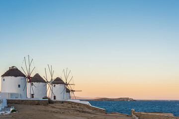 Mykonos windmills in Cyclades Archipielago, Greece.