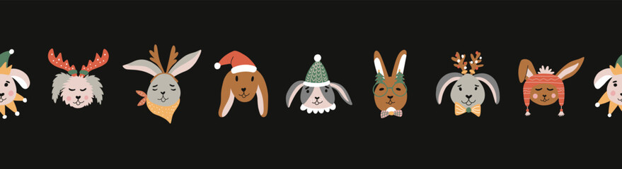 Christmas seamless border with cute rabbit in Santa hats and scarves. Horizontal seamless header for website template, promotion, headline. Vector illustration.