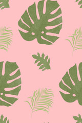 tropical leaves seamless pattern on pink background